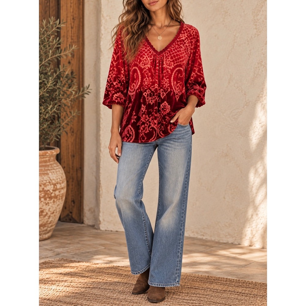 SUNDANCE Burnout Velvet Silk Boho Paisley Tunic Top